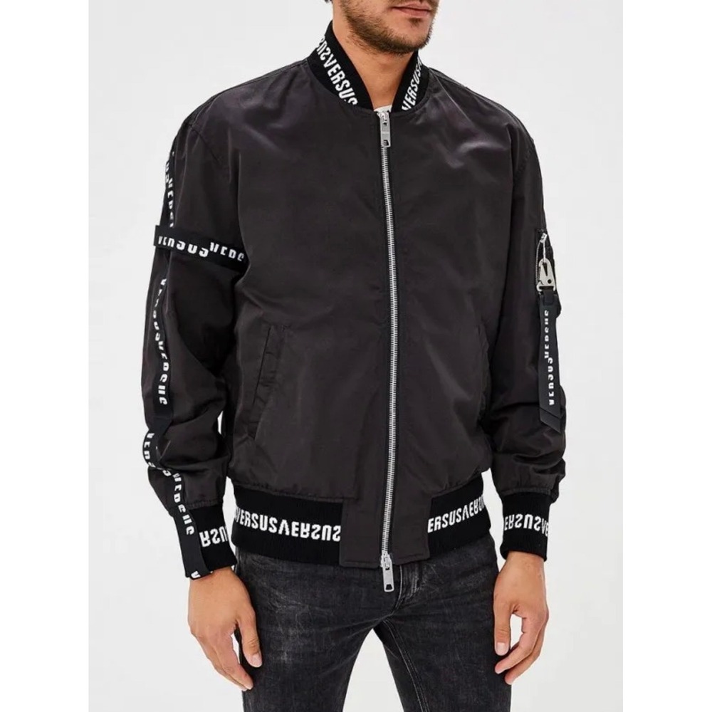 Versus Versace Y2K Black Bomber Jacket Logo Collar‎ Sleeve Hem Mens Sz US XL